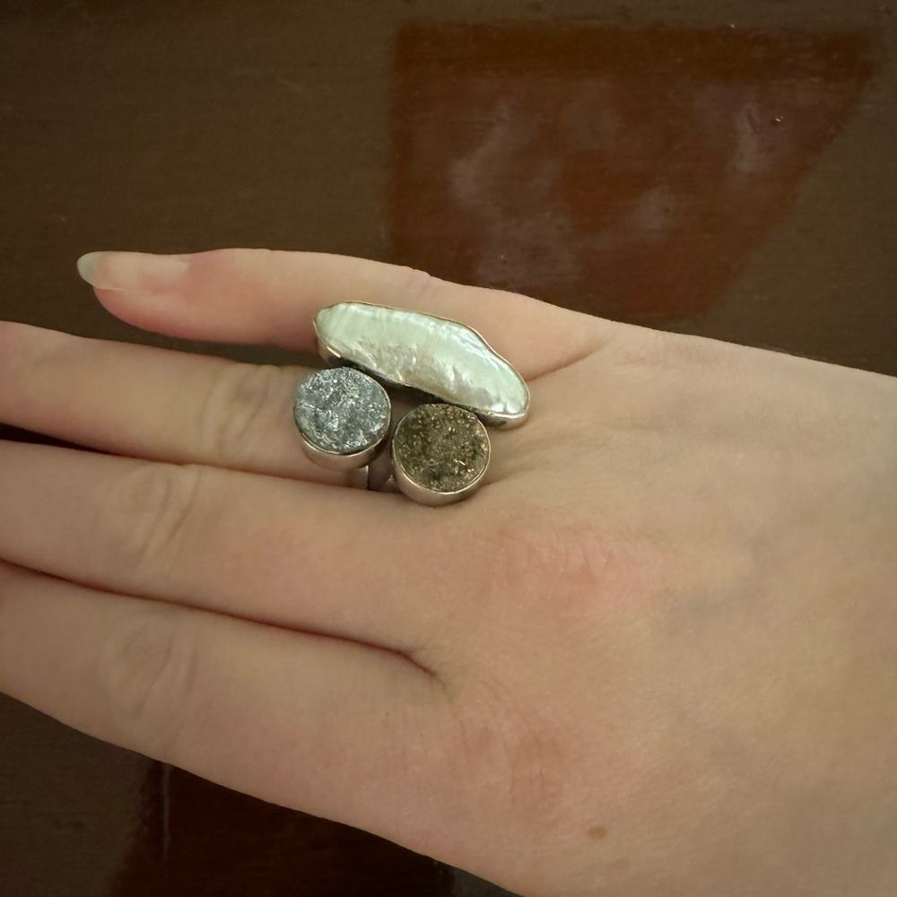 Handpicked Freshwater Pearl and Two-toned Druzy Sterling Silver Ring